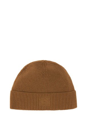 Brown ribbed knit beanie with folded cuff and small rectangular patch featuring a stitched emblem on the front center.