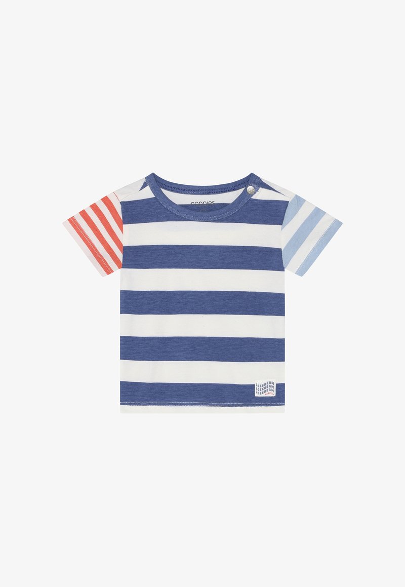 Short-sleeved T-shirt featuring blue and white horizontal stripes, with one red and one light blue striped sleeve. Cotton fabric, round neckline.