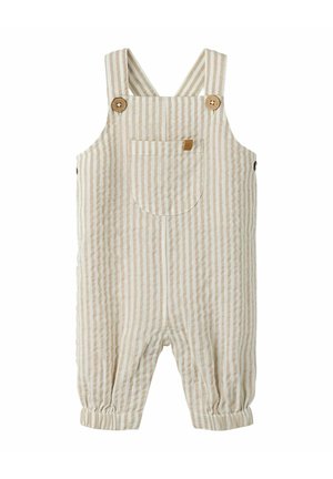 Beige-valkoiset raidalliset puuvillaiset taaperohaalarit, joissa on etutasku, puiset napilliset olkaimet, sivunapit ja joustavat lahkeensuut.