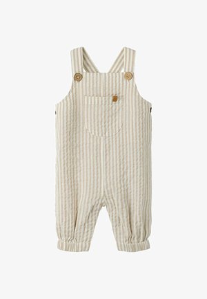 Beežide ja valgete triipudega puuvillased beebipüksid ees tasku, puidust nööpidega rihmade, külgnööpide ja elastsete sääristega.