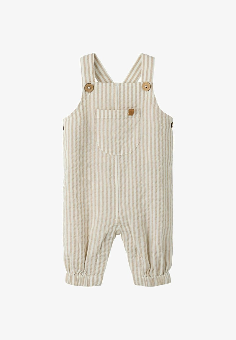 Salopetă pentru copii mici din bumbac cu dungi bej și albe, buzunar frontal, bretele cu nasturi din lemn, nasturi laterali și mansete elastice la picioare.
