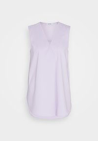 Vaalealila ilman hihoja oleva toppi, jossa on V-mallinen kaula-aukko, sileä kangas ja hienovarainen laskostus edessä. Pyöristetyt helmareunat. Tuotemerkki: Esprit.