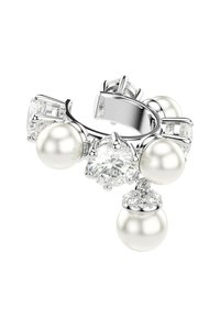 Strieborný prsteň s viacerými perlami a čírymi drahokamami, zaoblený dizajn s precíznou detalizáciou na obruči a osadeniach.