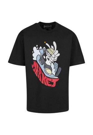 Čierne bavlnené tričko s farebnou grafikou karikatúrnej postavy na snowboarde a tučným červeným nápisom "MARKET."