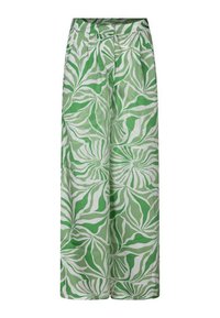 Pantalon large vert en tissu léger et lisse, orné d'un motif de feuilles dans des nuances de vert et de blanc.