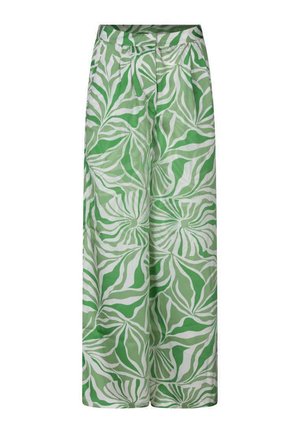 Pantaloni a gamba larga verdi con un motivo a foglia in diverse sfumature di verde e bianco, realizzati in tessuto leggero e liscio.