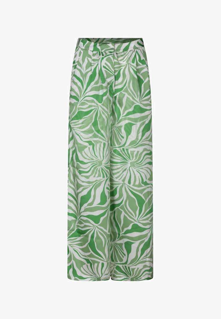 Pantaloni a gamba larga verdi con un motivo a foglia in diverse sfumature di verde e bianco, realizzati in tessuto leggero e liscio.
