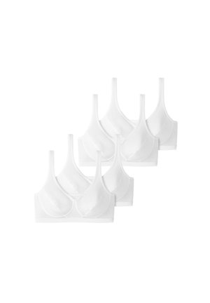 Bralette bianchi in cotone morbido con spalline regolabili, un design senza cuciture e una vestibilità confortevole. Il pacco contiene quattro pezzi identici.