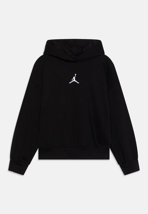 Sweatshirt à capuche noire en tissu doux, avec un design court, des manches longues et un logo Jordan brodé en blanc sur la poitrine.