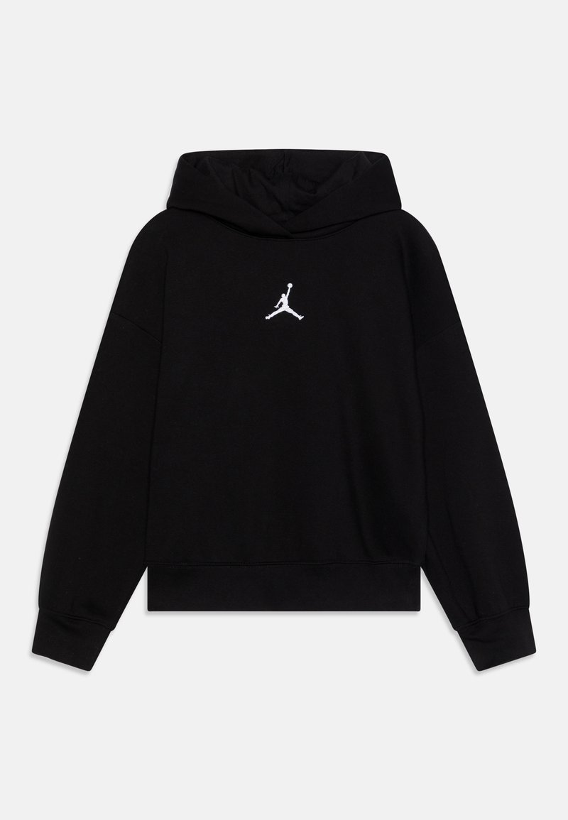 Felpa nera con cappuccio realizzata in tessuto morbido, caratterizzata da un design corto, maniche lunghe e un logo Jordan ricamato in bianco sul petto.