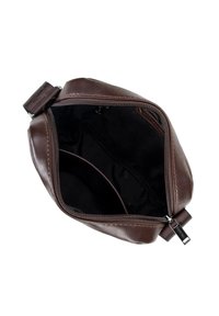 Brown leather bag with a zippered opening, smooth texture, and a black interior. Features interior pockets for organization.
