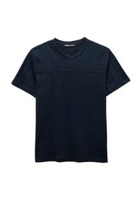 Mørkeblå bomulds t-shirt med rund hals, korte ærmer og en vandret søm detaljeret over brystet. Blød, glat tekstur.
