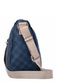 Navy bag with a patterned design. Features a soft material, adjustable beige strap, and silver hardware. Rounded shape with a textured surface.