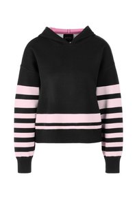 Black hoodie with a pink interior, featuring horizontal black and pink stripes on sleeves and bottom hem. Soft knit material, relaxed fit.