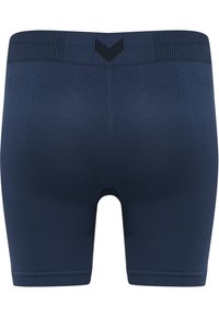 Pantaloni sportivi blu navy realizzati in un tessuto morbido ed elastico. Presentano una vita elastica nera con un motivo a strisce verticali e un accento a forma di V.