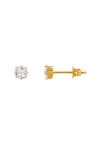 Boucles d'oreilles en métal doré ornées d'une pierre en zircon cubique rectangulaire et transparente, montée dans un réglage classique à quatre griffes.