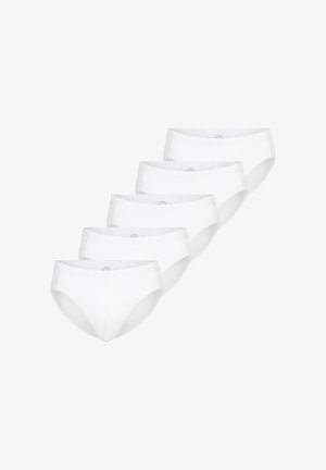 Vijf witte slipjes in een diagonale rij op een witte achtergrond.