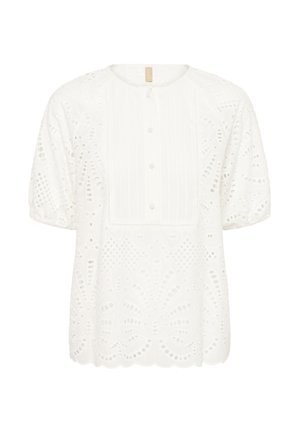 White short-sleeve blouse with eyelet lace patterns, round neckline, scalloped hem, and a buttoned placket on the front.