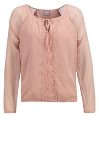 Blouse rose clair à manches longues, encolure ronde avec détail à nouer, et panneau en dentelle fleurie verticale au centre devant.