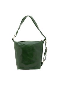 Groene leren emmerzak met een enkele strap, met een ritsluiting en subtiele glans. Gladde textuur met minimale hardware accenten.