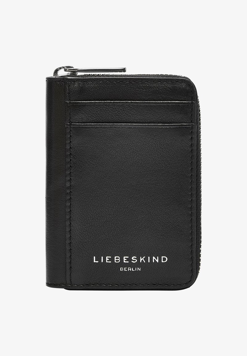 Zwart leren portemonnee met een textuur, voorzien van een ritsluiting, kaartsleuven en een reliëflogoprent op de voorkant.