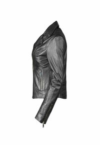 Schwarze Leder-Motorradjacke mit tailliertem Design, Reißverschlussakzenten und klassischem Kragen. Verfügt über seitliche Reißverschlusstaschen und strukturierten Stoff.