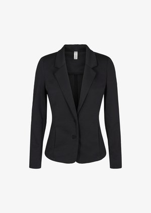 Black blazer with a fitted design, notch lapels, single button closure, and long sleeves. Smooth fabric with no visible patterns or accents.