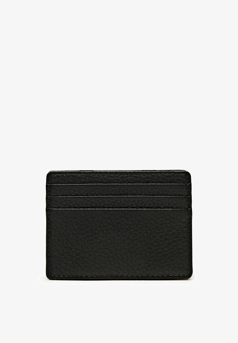 Black leather card holder with a textured finish, featuring four card slots and a sleek rectangular design.