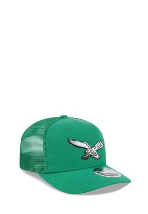 Green mesh baseball cap with embroidered white eagle holding a football on the front panel and a curved brim.