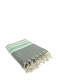 Katoenen deken in grijs met een mintgroen gestreept patroon en franjes. Zachte textuur met intricately geweven details.