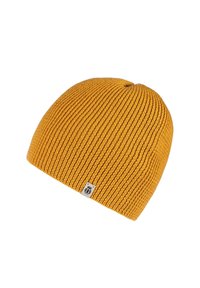 Yellow ribbed knit beanie with a soft texture and a small branded tag on the side. Rounded crown design for a snug fit.