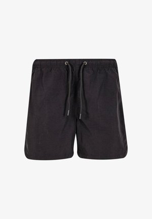 Pantaloni da bagno neri realizzati in materiale leggero, con cintura elastica e cordino regolabile, dal design semplice e senza decorazioni.