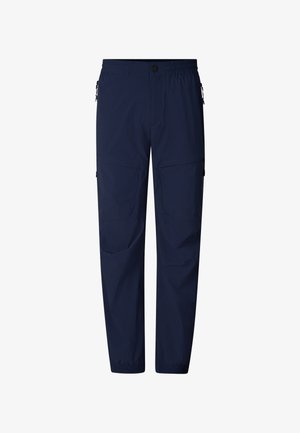 Navy blue outdoor pants with elastic waistband, button closure, multiple zippered pockets, and elastic cuffs at ankles.