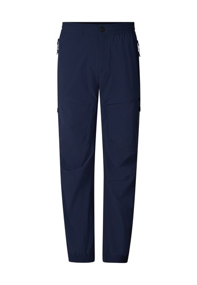 Granatowe spodnie outdoorowe z elastycznym paskiem w talii, zapięciem na guzik, wieloma kieszeniami na zamek oraz elastycznymi ściągaczami przy kostkach.