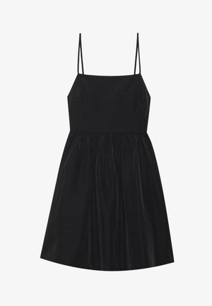 Robe noire sans manches avec des bretelles fines, corsage ajusté et jupe évasée. Fabriquée dans un tissu texturé, présentant un design simple et épuré.