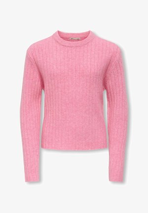 Roze ribgebreide trui met lange mouwen en een ronde halslijn. Gemaakt van zachte stof, met verticale strepen en een getailleerde pasvorm.