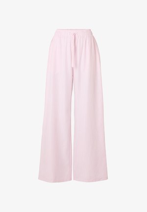 Pantalon large rose clair avec rayures verticales, taille élastique et lien à nouer à l'avant.