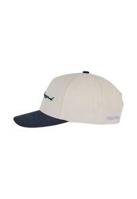 Gorra beige con visera azul oscura, que presenta un logo bordado en verde en la parte frontal y texto morado en el lateral. Hecha de material textil.