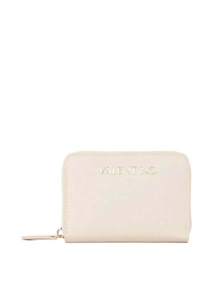Small beige wallet with gold zipper and "VALENT NO" embossed on front, shown against a white background.