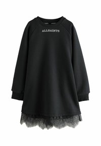 Robe sweat noir avec une bordure en dentelle à l'ourlet, dotée de manches raglan et d'un texte brodé "ALLSAINTS" sur le devant.