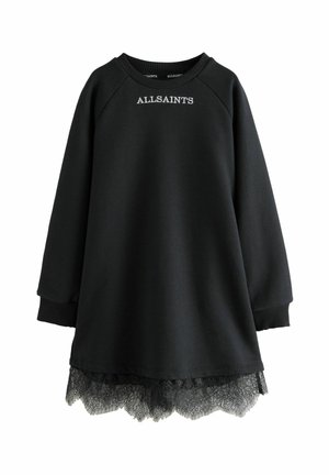 Abito felpa nero con bordo in pizzo all'orlo, caratterizzato da maniche raglan e testo ricamato "ALLSAINTS" sul davanti.