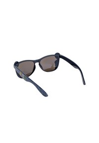 Black plastic sunglasses with brown tinted lenses, featuring a patterned blue arm displaying colorful superhero icons.