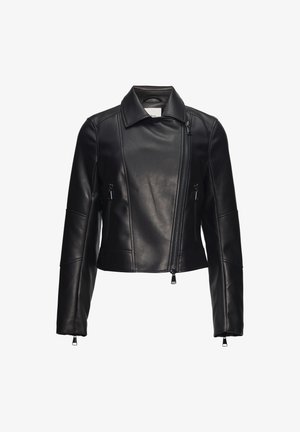 Czarna skórzana kurtka motocyklowa z długimi rękawami, zapinana na zamek z przodu, z dwoma kieszeniami na zamek i zamknięciami na rękawach. Gładka tekstura.