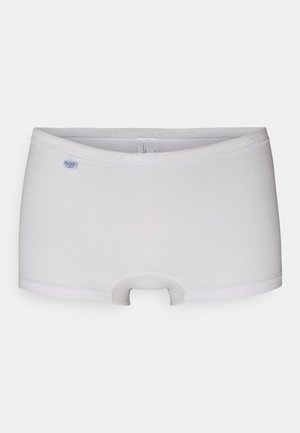 White cotton boyshorts with a smooth texture, low-rise waist, and a cut-out detail at the center. Features a small blue logo on the side.