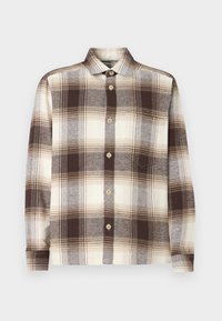 Brun og kremfarget rutete skjorte med lange ermer, laget av et mykt stoff; har spredt krage og lyse treknapper.