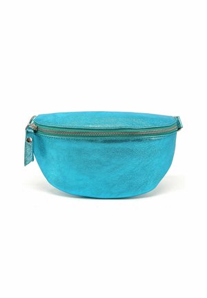 Pochette en simili cuir turquoise de forme arrondie, avec une fermeture éclair en métal argenté et une texture lisse et brillante.