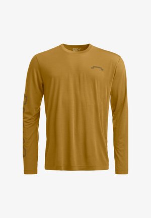 Long-sleeve shirt in a mustard color, made from soft material. Features a subtle graphic on the chest and a design along the sleeve.