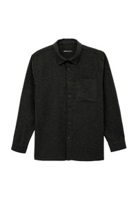 Dunkelgrünes, langärmliges Button-Down-Hemd aus strukturiertem Stoff, mit Brusttasche und klassischem Kragen.