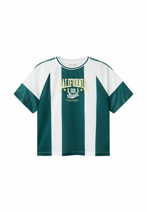 Short-sleeve shirt in dark green and white stripes, featuring a round neck, mesh accents, and a front print that says "California 86 Athletico."