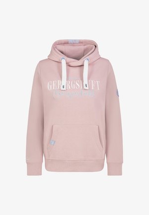 Pink hoodie made of soft fabric, featuring a front pocket, drawstrings, ribbed cuffs, and embroidered text on the chest.